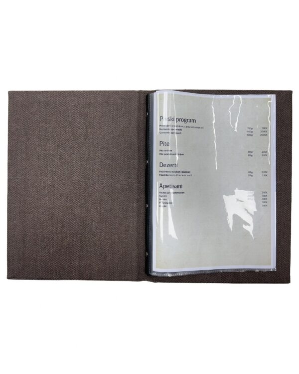 Gumirani meni Premium Line A4 – crna boja, vodootporne korice za restoran Meni Premium Line – plava boja, elegantan dizajn i PVC folije Korice za jelovnik Premium Line – braon varijanta sa logom u koloru